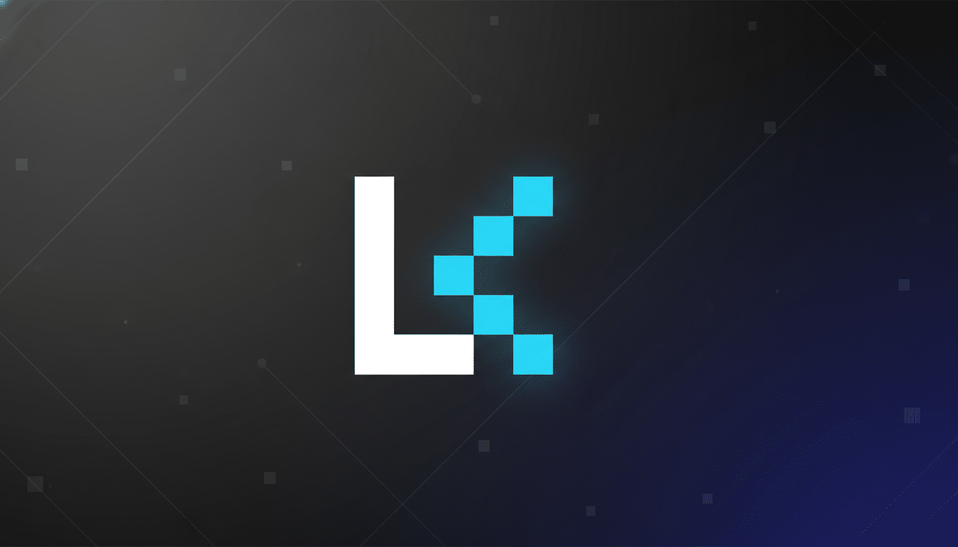 A professional 16:9 aspect ratio image featuring a white L and a series of glowing blue pixels forming a diagonal line, set against a dark gradient background with subtle geometric patterns.