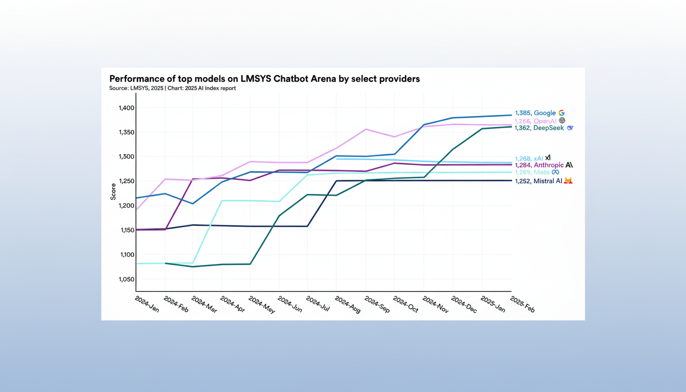 A line graph showing the performance of top models on LMSYS Chatbot Arena by select providers, resized to a 16:9 aspect ratio with a professional flat design background.