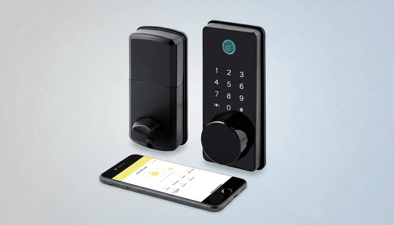 A smart door lock system with a black exterior, featuring a keypad, a fingerprint scanner, and a rotary knob, displayed alongside a smartphone showing its companion app interface.