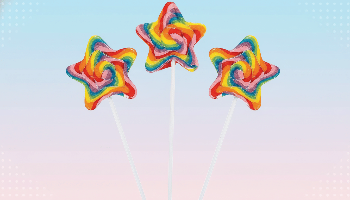 Three rainbow swirl star-shaped lollipops on white sticks, set against a professional flat design background with soft blue and pink gradients and subtle dot patterns.