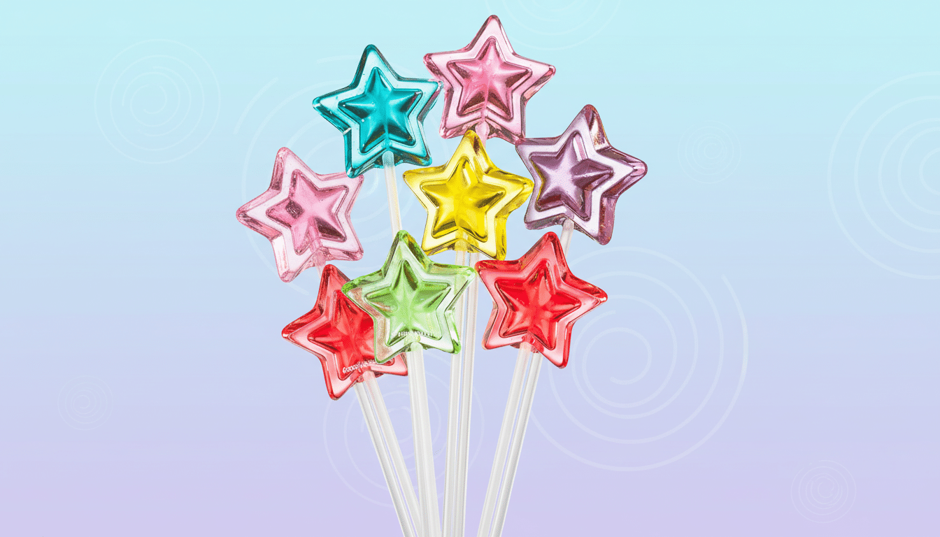 A collection of colorful star-shaped lollipops with clear sticks, arranged against a soft blue and purple gradient background with subtle circular patterns.