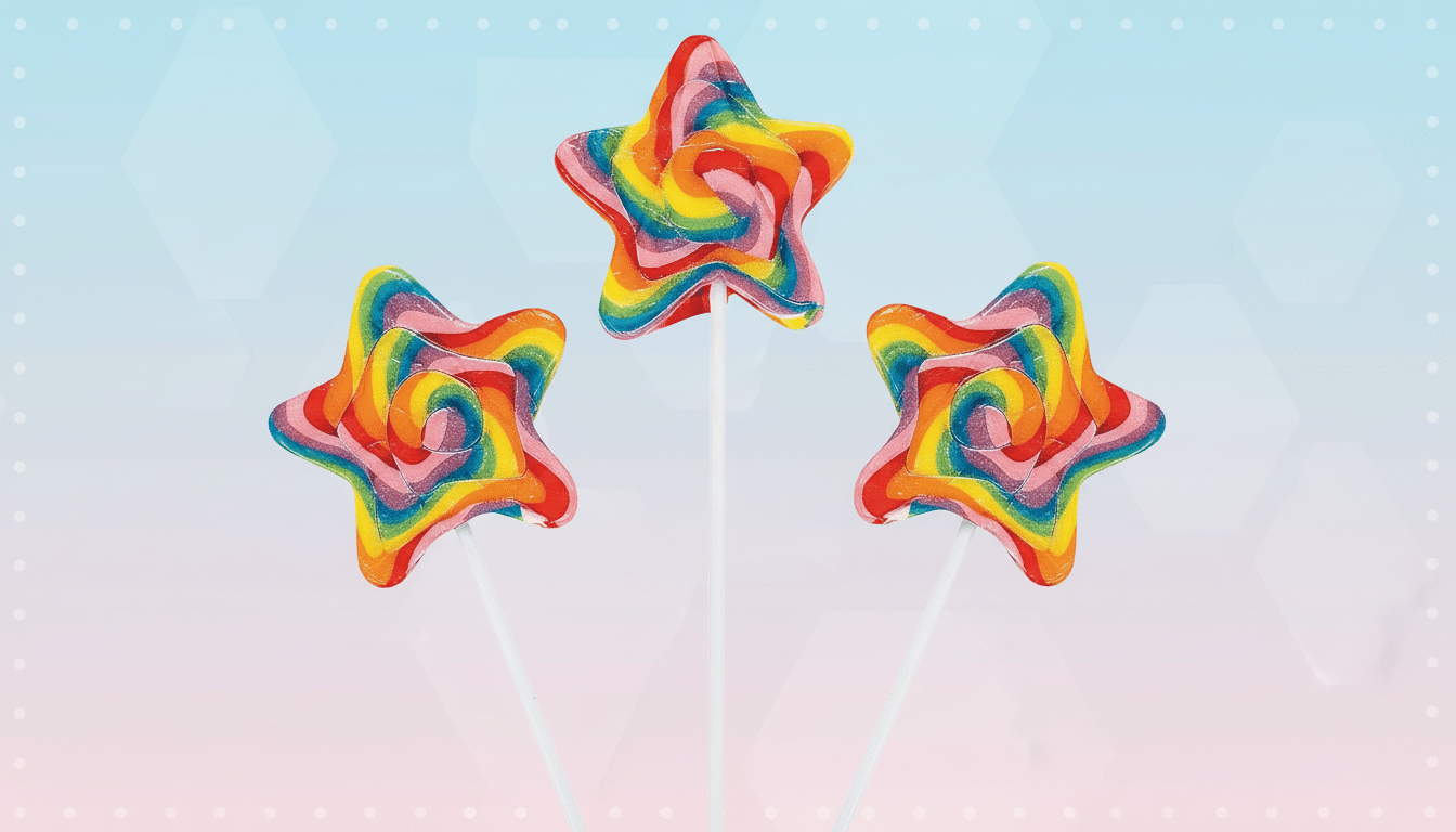 Three star-shaped rainbow lollipops on white sticks, set against a professional flat design background with soft blue and pink gradients and subtle hexagonal patterns.