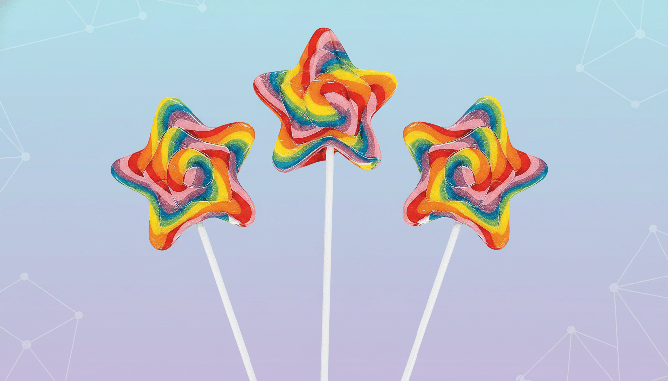 Three star-shaped rainbow lollipops on white sticks, set against a professional flat design background with soft blue and purple gradients and subtle geometric patterns.