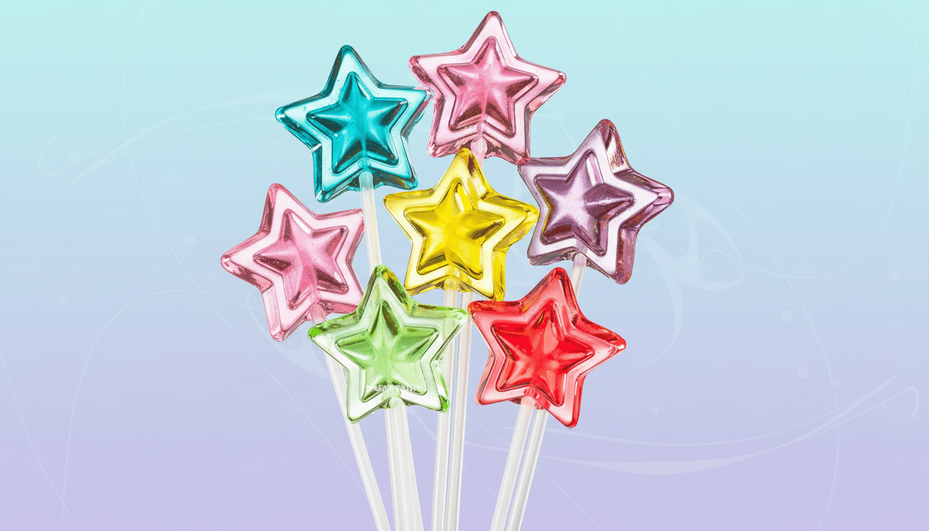 A collection of six star-shaped lollipops in various colors (teal, pink, yellow, purple, green, and red) arranged on a light blue and purple gradient background with subtle white line patterns.