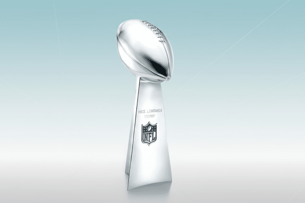 The Vince Lombardi Trophy, a silver football atop a three-sided stand with the NFL logo, presented on a professional flat design background with soft blue and white gradients.