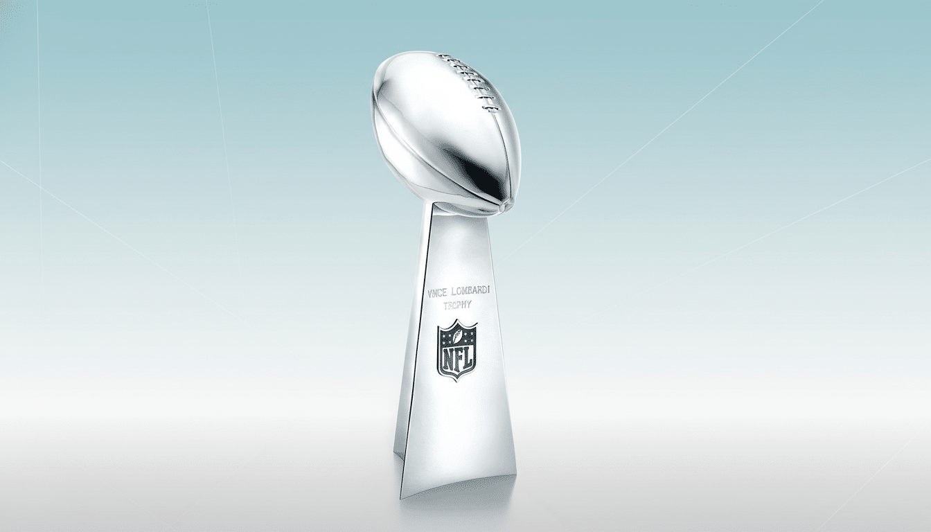 The Vince Lombardi Trophy, a silver football atop a three-sided stand with the NFL logo, presented on a professional flat design background with soft blue and white gradients.