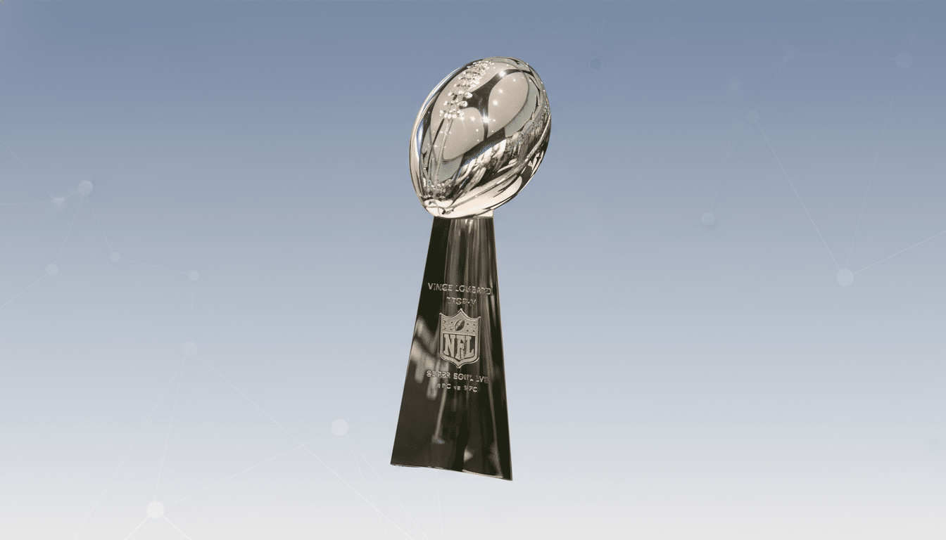 The Vince Lombardi Trophy, a silver football atop a tapered stand, is presented against a professional flat design background with soft patterns and gradients.
