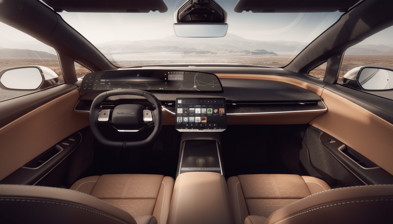 The interior of a modern car, featuring a sleek dashboard with multiple digital displays, a steering wheel, and tan leather seats.