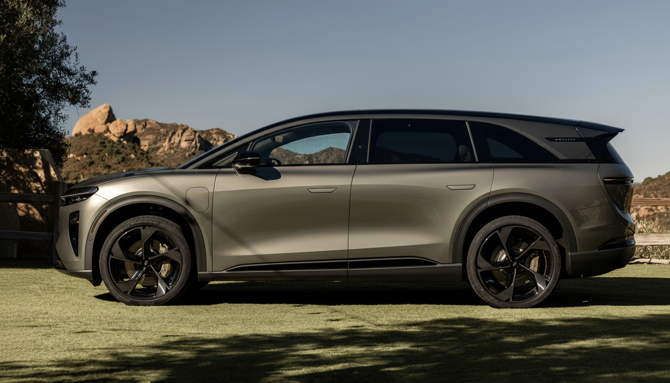 A gray Lucid Gravity SUV parked on a grassy area with mountains in the background, resized to a 16:9 aspect ratio.