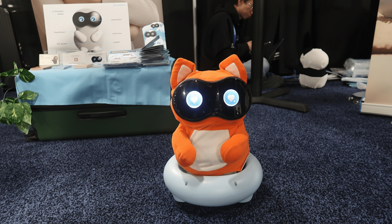 An orange and white robotic cat with glowing eyes and a heart on its screen, sitting on a light blue base, displayed on a dark blue carpet with a blurred background of a trade show booth.