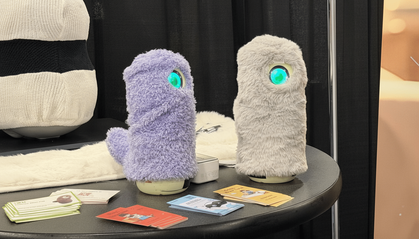 Two furry, cylindrical robots, one purple and one gray, with glowing green eyes, stand on a table with various cards and pamphlets.