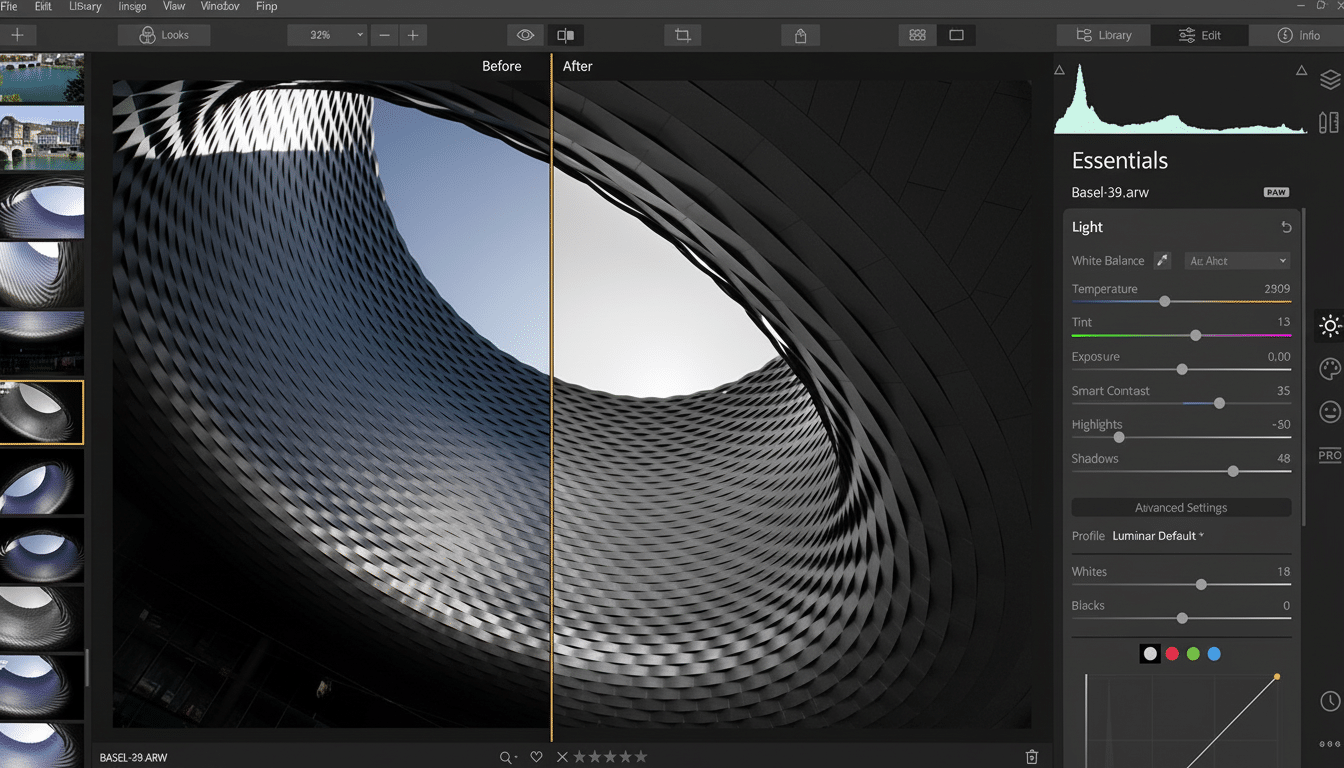 A screenshot of a photo editing software interface, showing a Before and After comparison of an architectural photo. The Before image shows a dark, textured, spiraling building interior with sunlight streaming in, while the After image shows a brighter, more detailed version of the same interior.