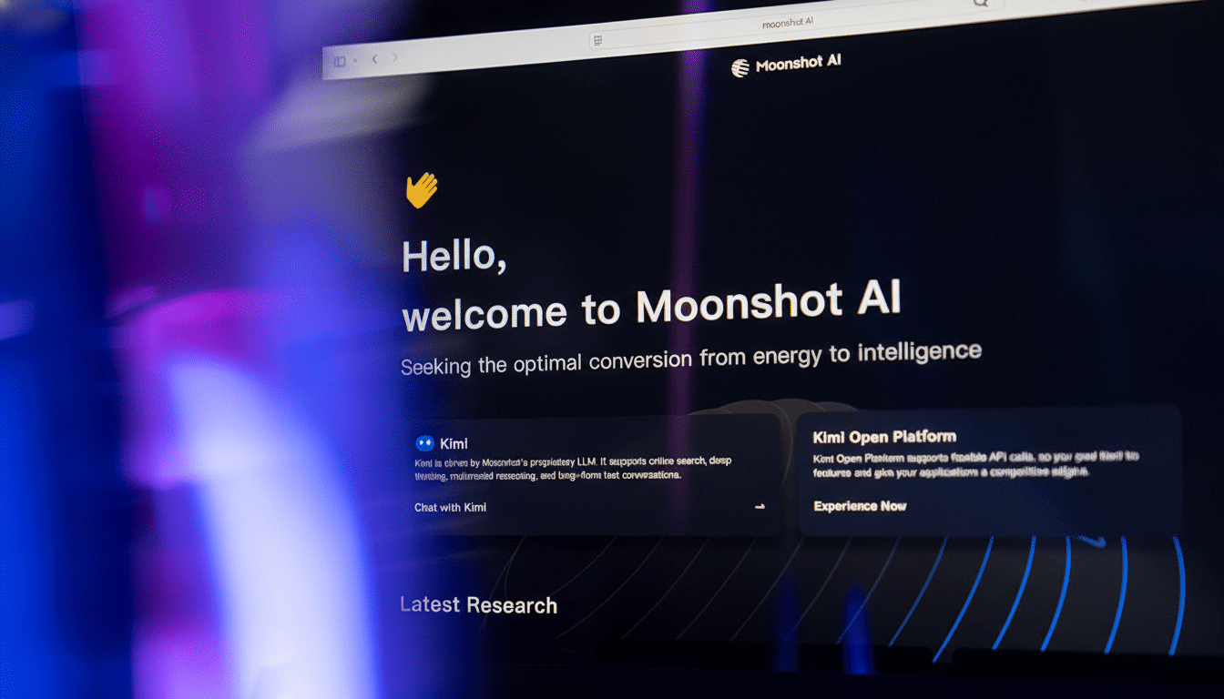 A close-up, professionally enhanced image of a computer screen displaying the Moonshot AI website, resized to a 16:9 aspect ratio. The screen shows the welcome message Hello, welcome to Moonshot AI and sections for Kimi and Kimi Open Platform, with a dark background and subtle blue reflections.