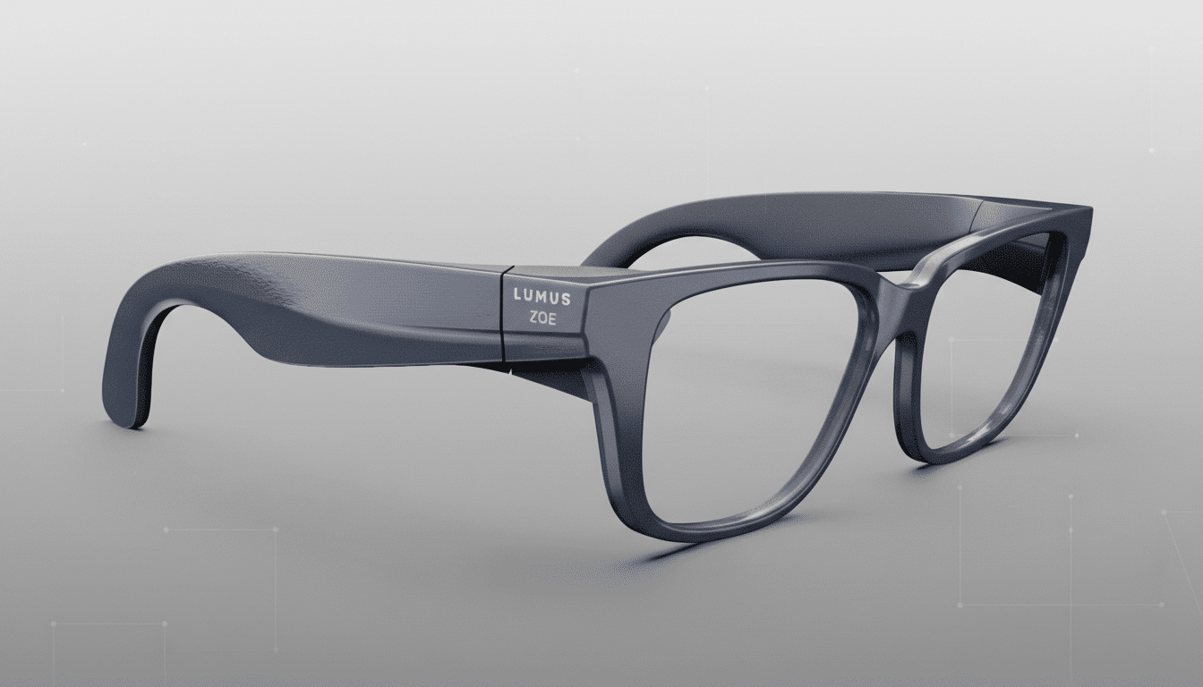 A pair of dark gray smart glasses with LUMUS ZOE written on the side, presented on a professional gray background with subtle geometric patterns.