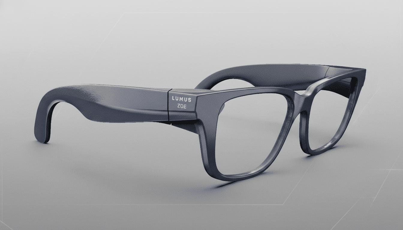 A pair of dark gray smart glasses with LUMUS ZOE written on the side, presented on a professional flat gray background with subtle geometric patterns.
