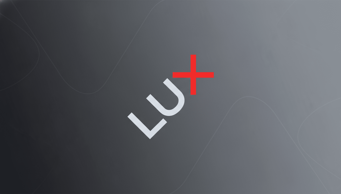 The LUX+ logo, featuring the letters LU in white and a red plus sign, centered on a professional dark gray background with subtle, soft wave patterns and a gradient.