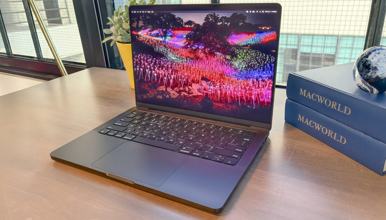A dark gray laptop with a colorful light display on its screen, sitting on a wooden desk next to two blue books and a small globe.