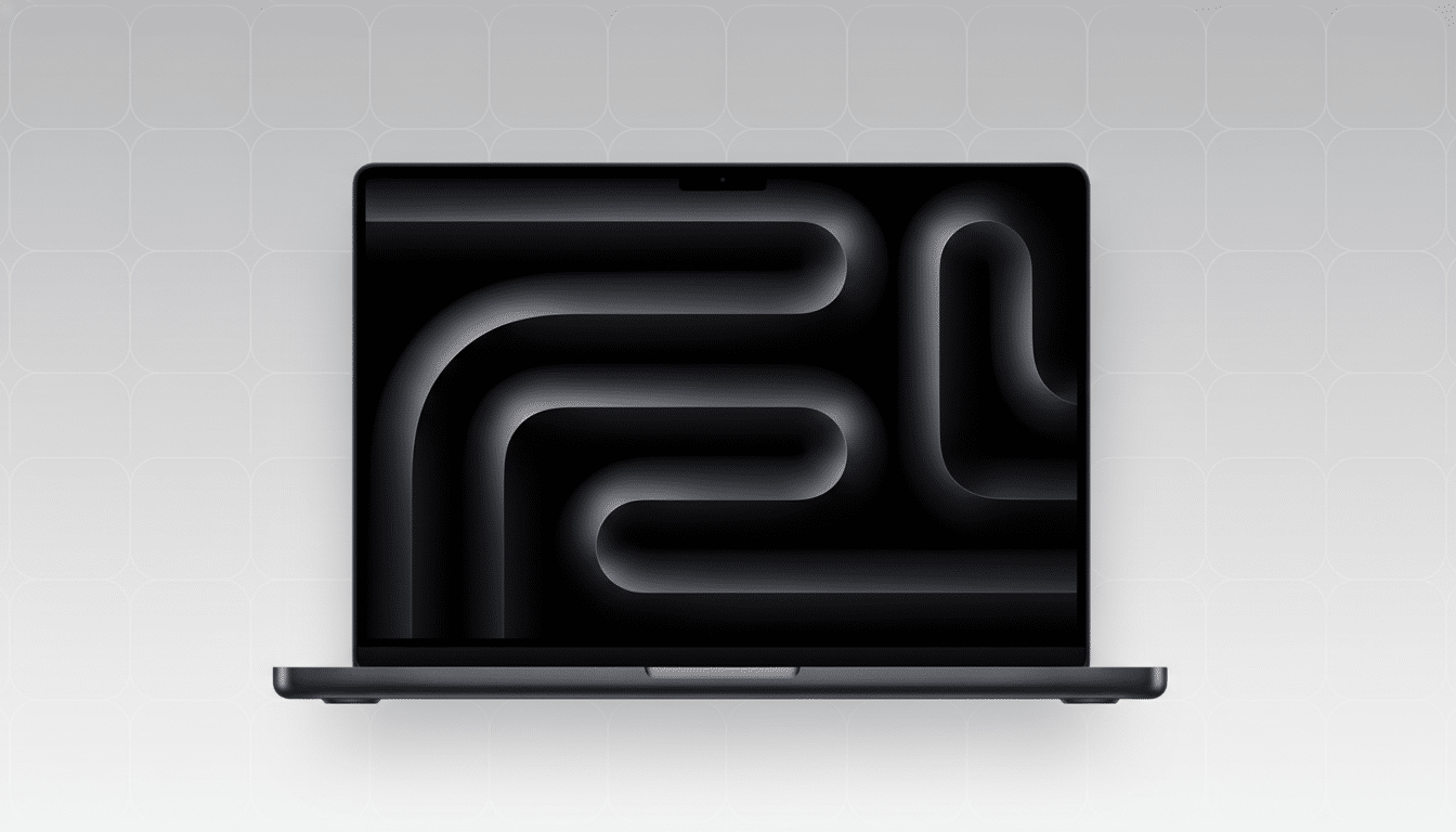 A dark gray laptop with a black screen displaying a dark gray abstract pattern, set against a light gray background with a subtle grid pattern.