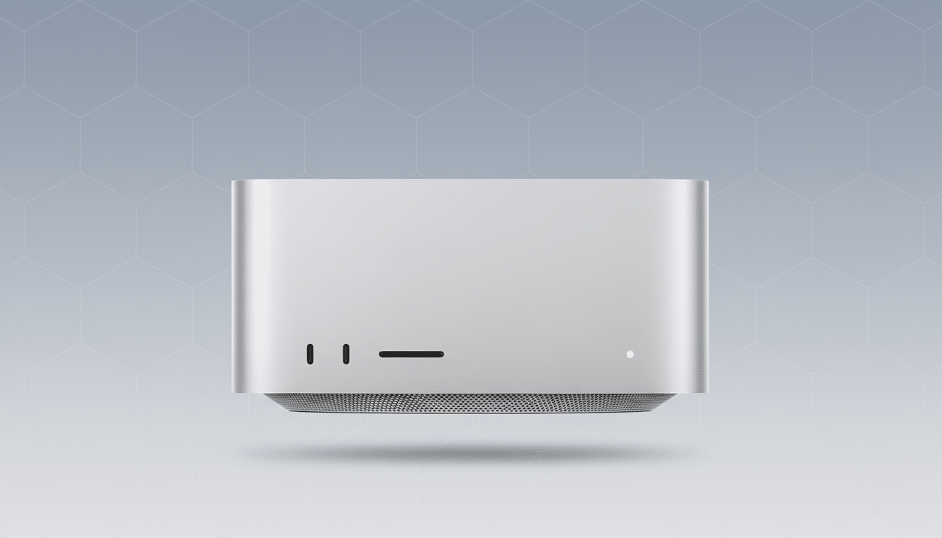 A silver Mac Studio desktop computer is centered on a light gray background with a subtle hexagonal pattern.