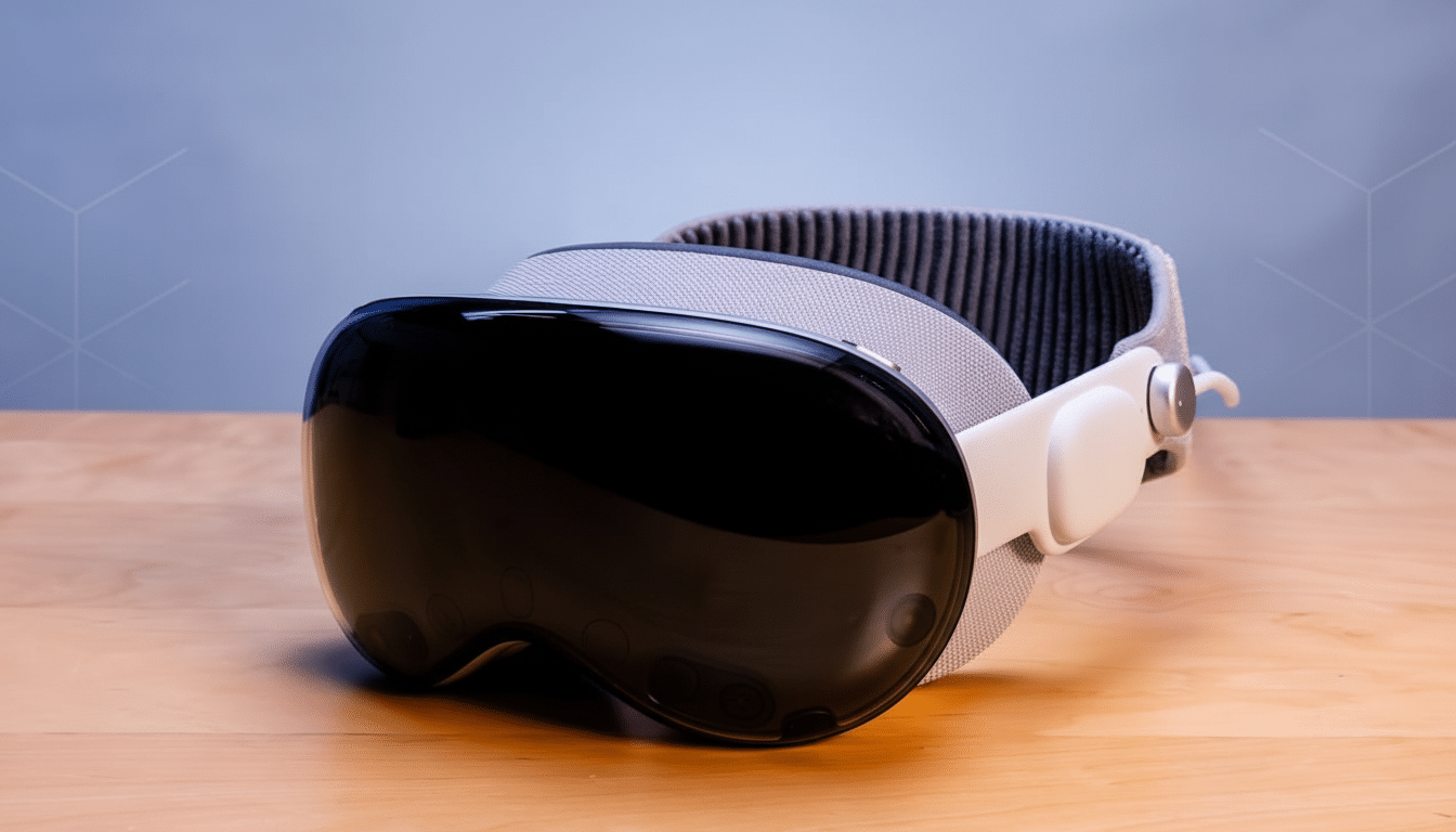 A professional image of a virtual reality headset on a wooden surface with a soft, patterned background.