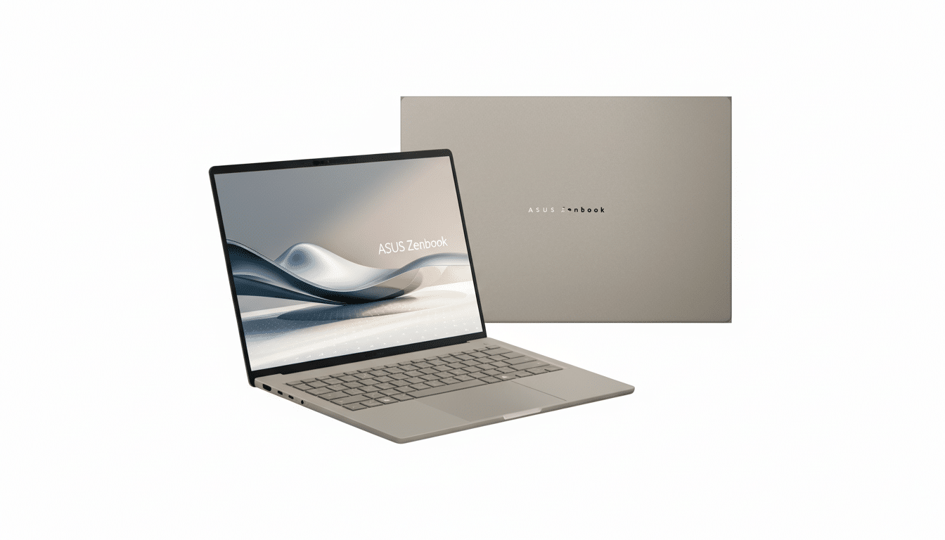 A professional image of an ASUS Zenbook laptop, resized to a 16:9 aspect ratio. The laptop is open, displaying a sleek, abstract wallpaper, and positioned at an angle with its lid closed behind it. The background is a clean white, maintaining focus on the product.