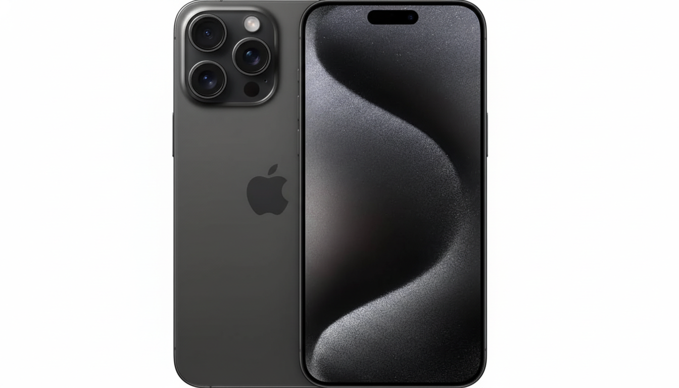 A dark gray iPhone 15 Pro Max, shown from the back and front, with the front screen displaying a dark, wavy pattern. The phone is centered on a clean white background.