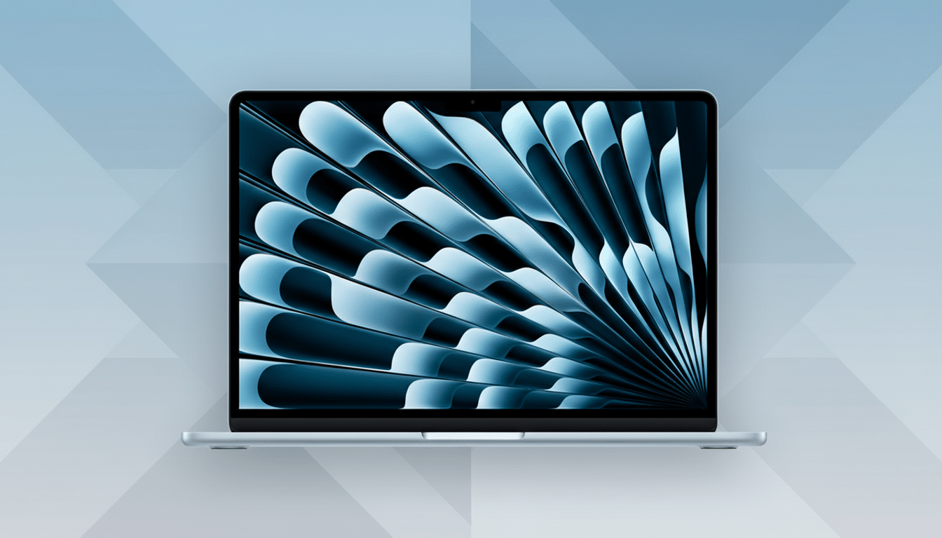A silver laptop with a screen displaying a blue and black abstract pattern, set against a professional light blue and gray geometric background.