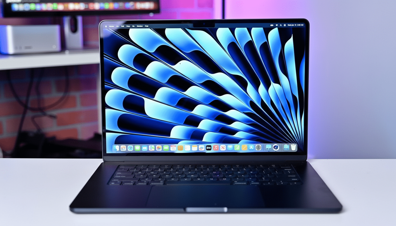 A dark gray MacBook Pro with a blue and black abstract wallpaper displayed on its screen, set against a blurred background of a desk with a monitor and a brick wall.
