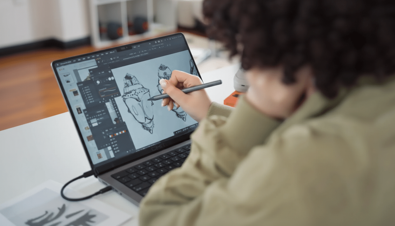 A person with curly hair, seen from behind, working on a laptop with a stylus, designing a complex object on the screen.