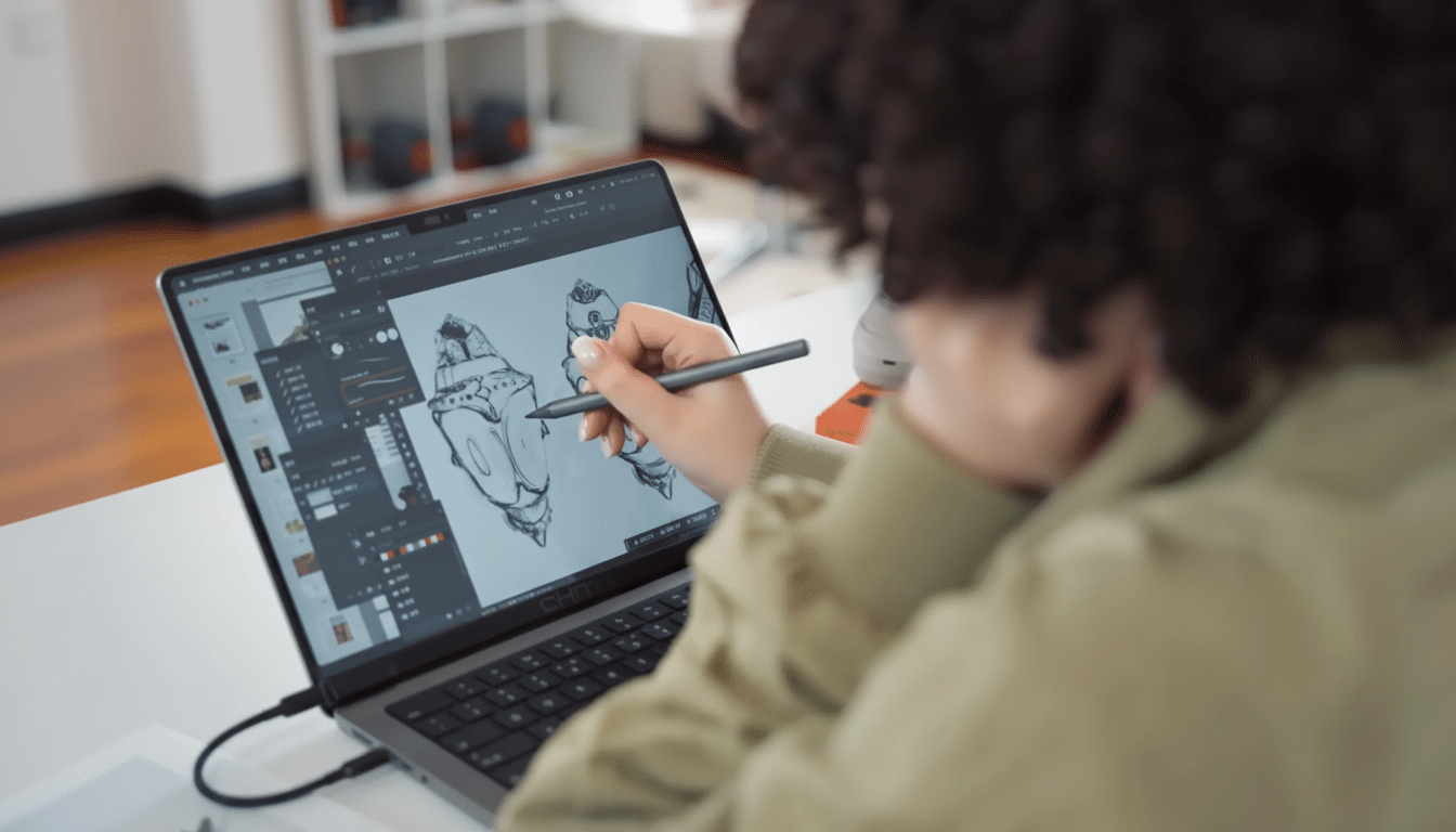 A person with curly hair, seen from behind, using a stylus on a laptop to work on a digital design.