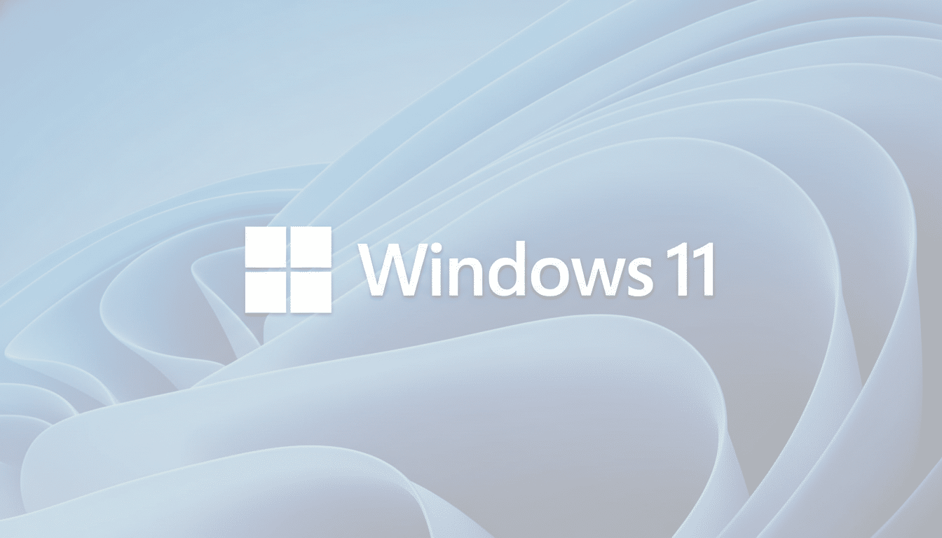 The Windows 11 logo and text on a light blue and white abstract background, resized to a 16:9 aspect ratio.
