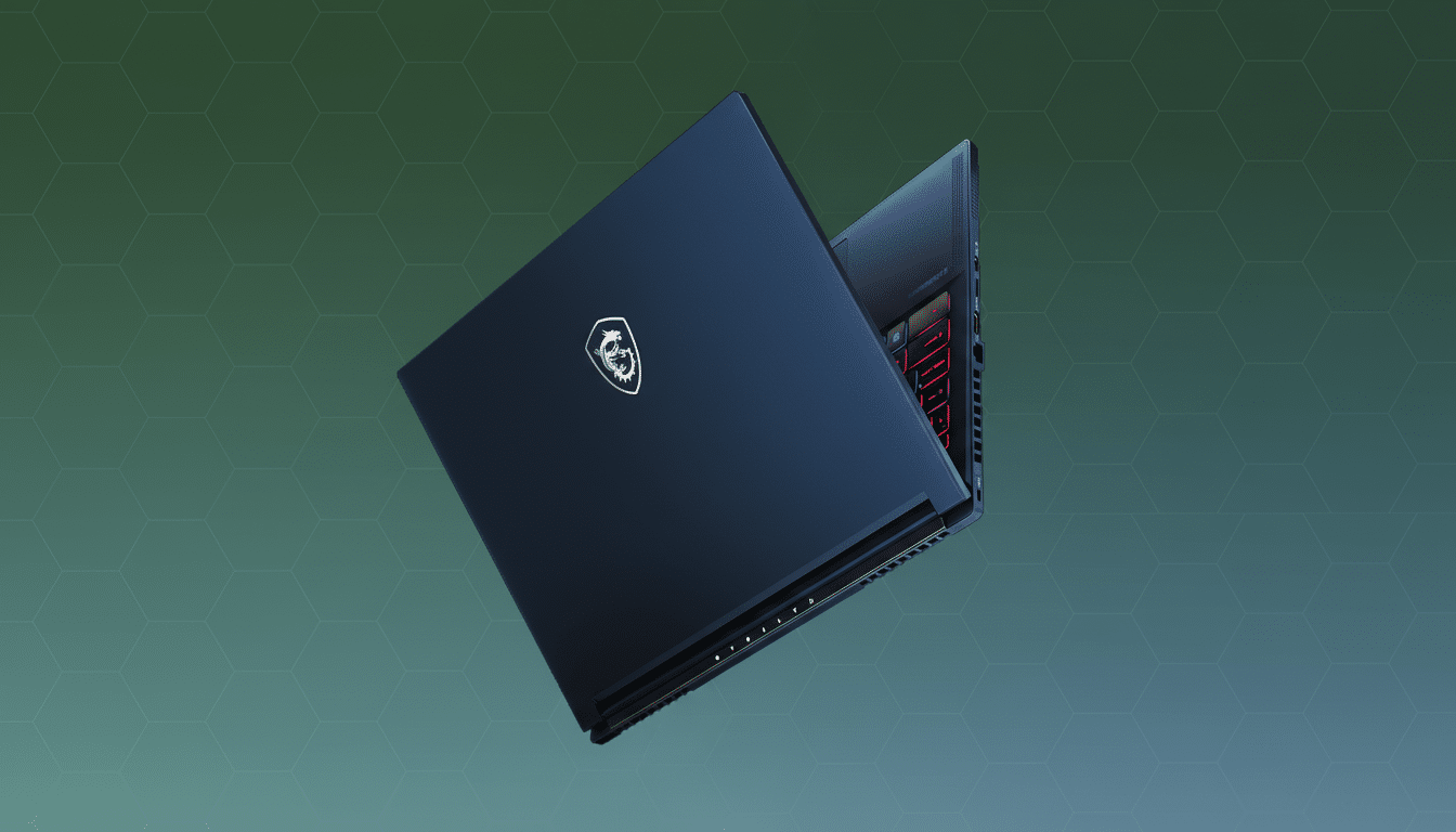 A dark blue MSI Stealth laptop with its lid partially open, showcasing a colorful backlit keyboard, set against a professional green background with subtle hexagonal patterns.