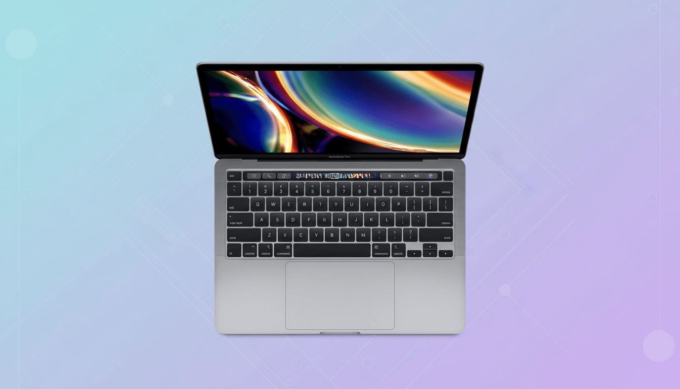 A silver MacBook Pro with a colorful abstract wallpaper displayed on its screen, set against a professional flat design background with soft blue and purple gradients and subtle geometric patterns.