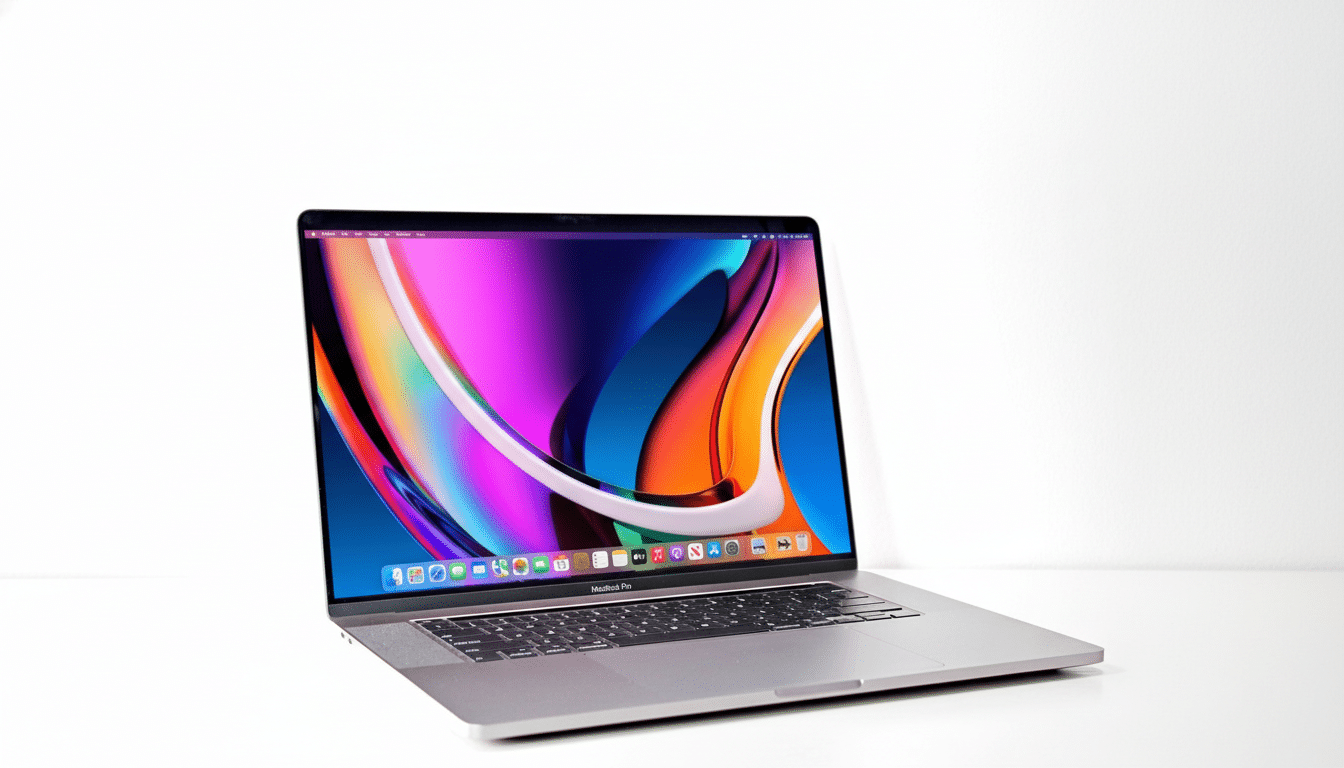 A silver MacBook Pro laptop with a colorful abstract wallpaper displayed on its screen, set against a clean white background.