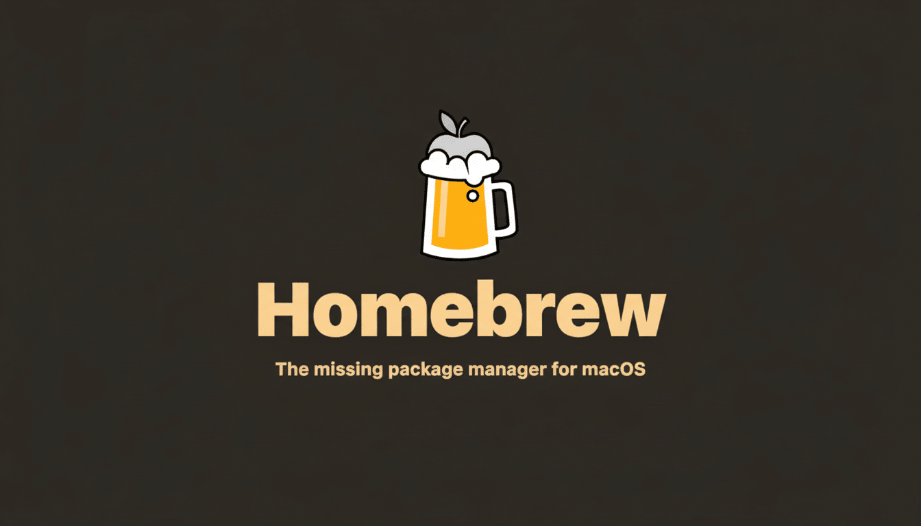 The Homebrew logo, featuring a stylized beer mug with an apple stem, above the text Homebrew and The missing package manager for macOS on a dark gray background, resized to a 16:9 aspect ratio.