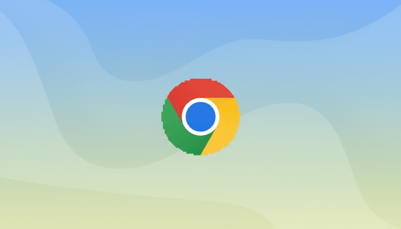 The Google Chrome logo centered on a professional flat design background with soft blue and green gradients and subtle wave patterns.