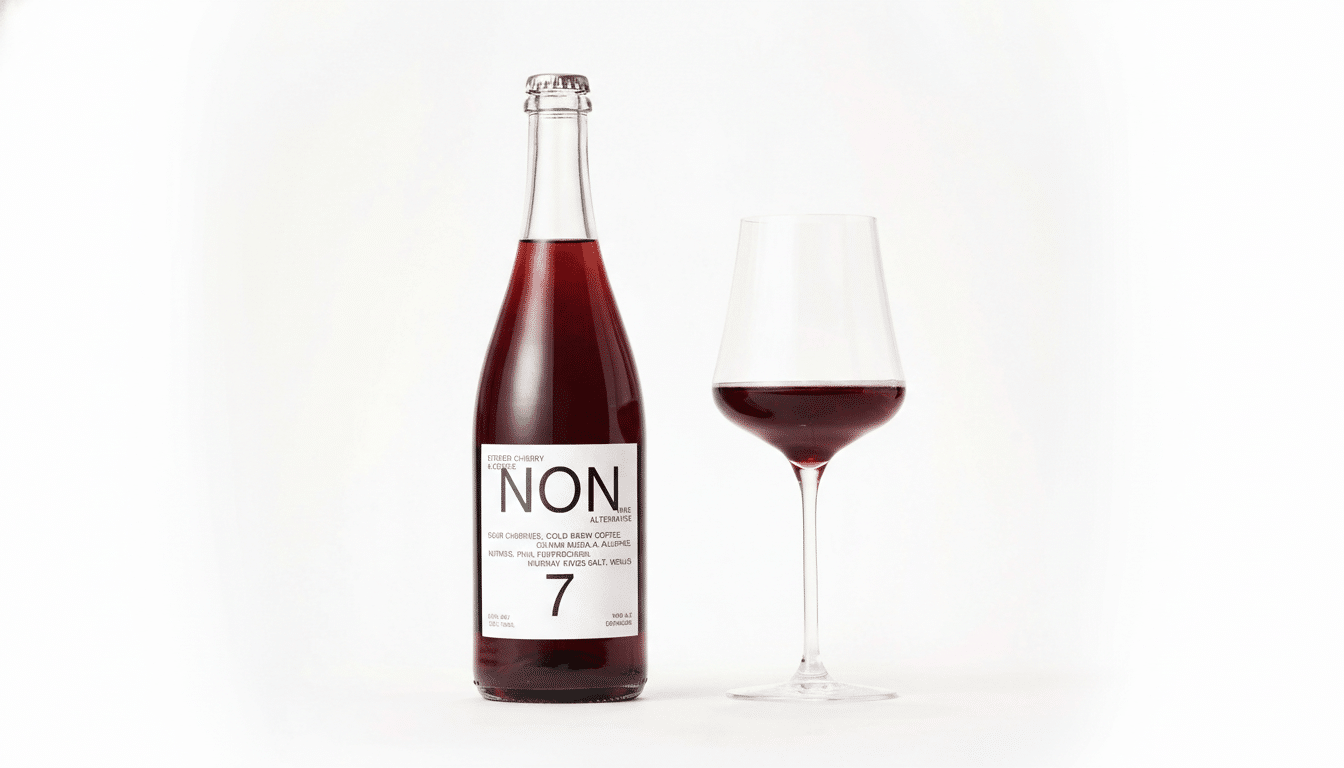 A bottle of NON 7 Stewed Cherry & Coffee non-alcoholic wine alternative next to a wine glass filled with the same red liquid, both on a white background.