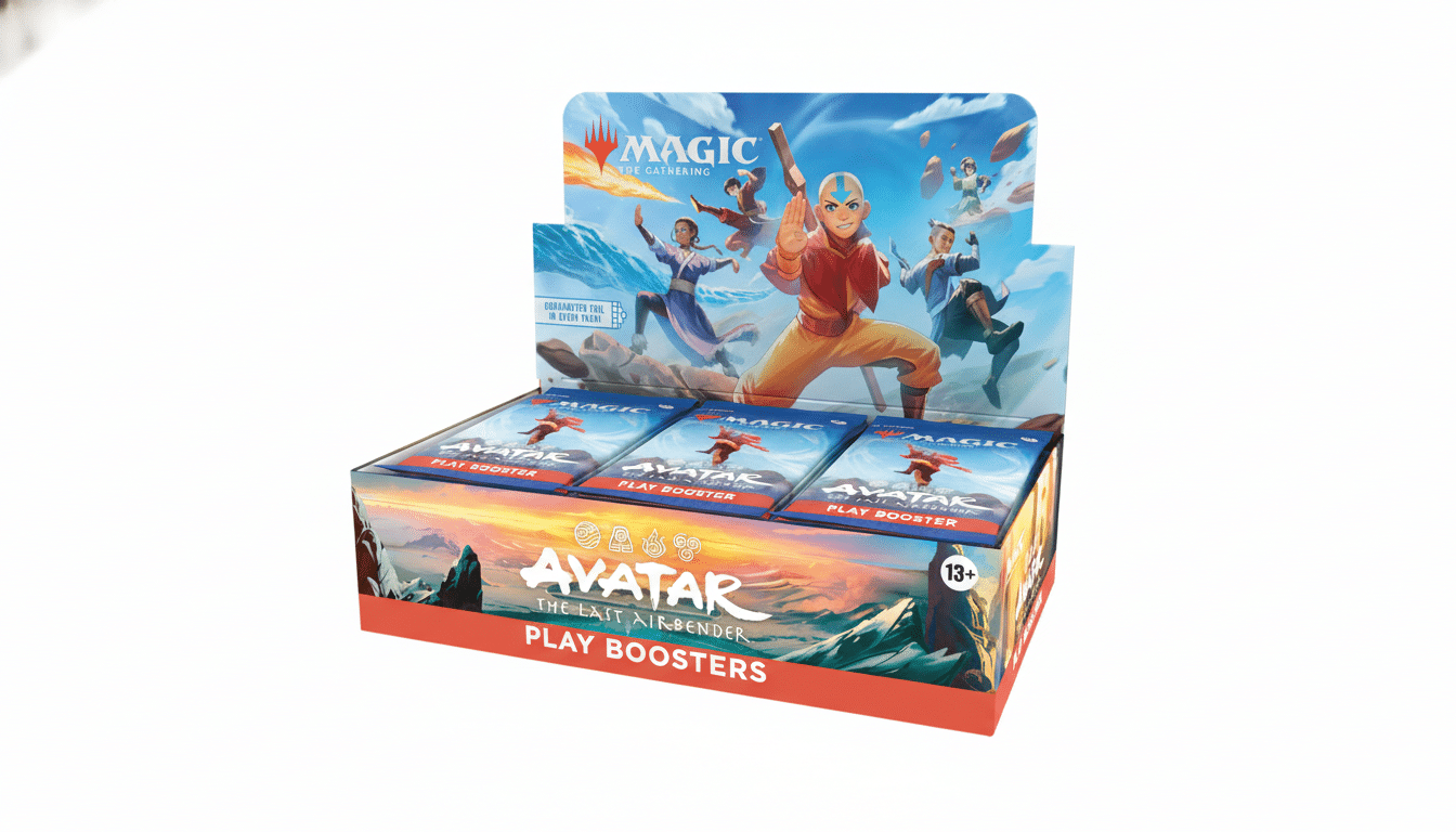 A display box of Magic: The Gathering Avatar: The Last Airbender Play Boosters, featuring Aang and other characters on the packaging, set against a clean white background.