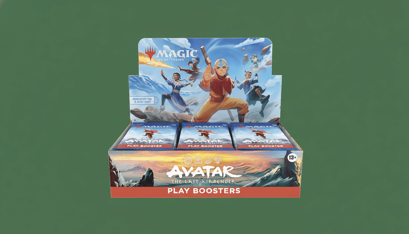 A display box of Magic: The Gathering - Avatar: The Last Airbender Play Boosters, featuring Aang and other characters, set against a professional dark green background.