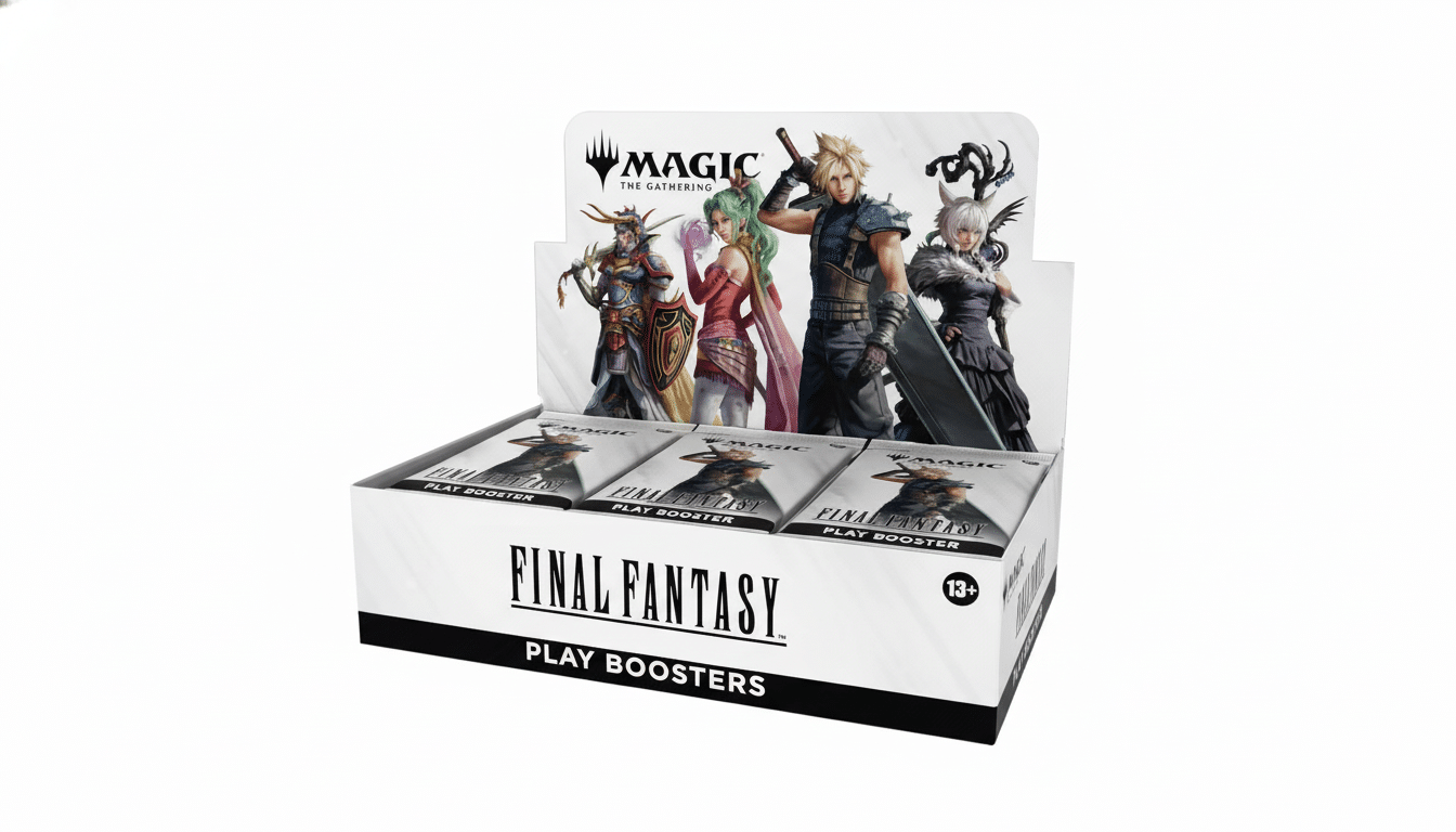 A display box of Magic: The Gathering Final Fantasy Play Boosters, featuring characters from the Final Fantasy series on the header card.