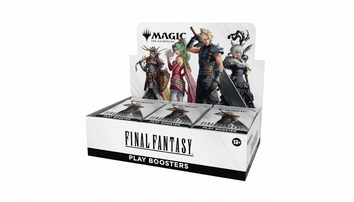 A box of Magic: The Gathering Final Fantasy Play Boosters, featuring characters from the Final Fantasy series on the display header.