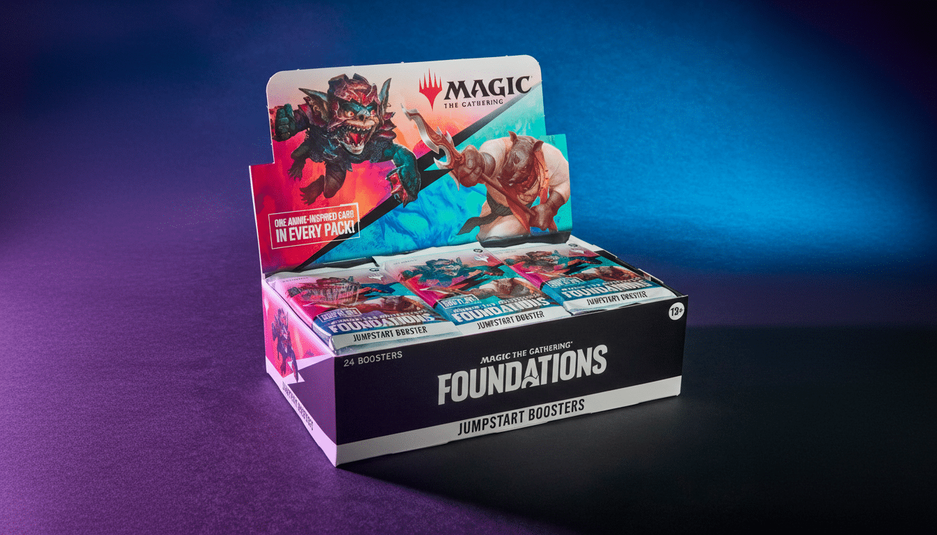 A Magic: The Gathering Foundations Jumpstart Boosters display box with 24 booster packs, set against a dark background with blue and purple lighting.