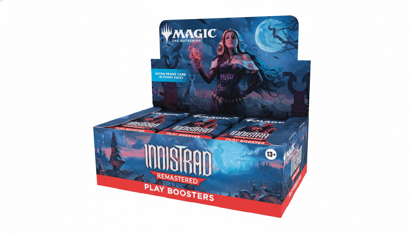 A display box of Magic: The Gathering Innistrad Remastered Play Boosters, featuring a female character on the box art, resized to a 16:9 aspect ratio with a clean white background.