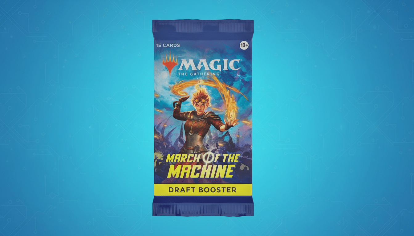 A Magic: The Gathering March of the Machine Draft Booster pack is centered on a blue background with subtle circuit board patterns.