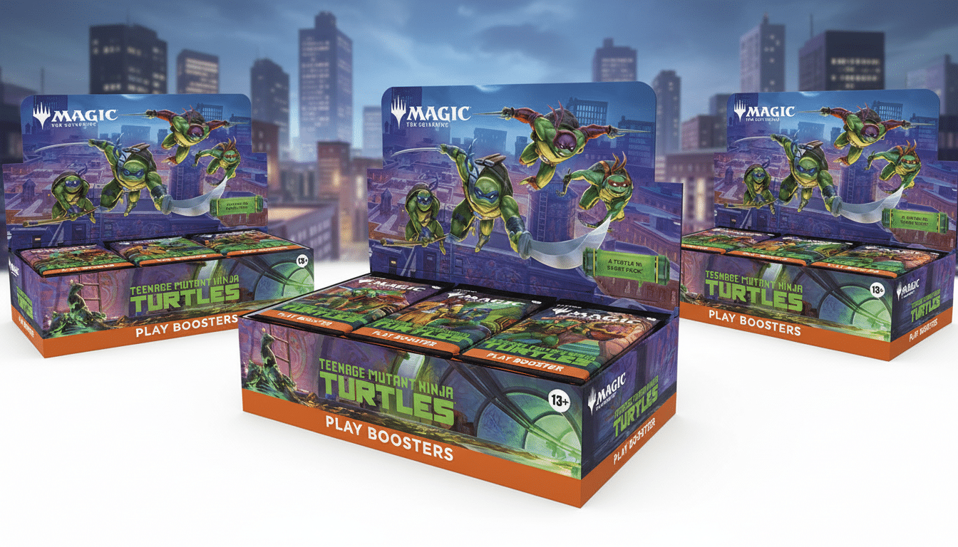 A display box of Magic: The Gathering Teenage Mutant Ninja Turtles Play Boosters, with three additional display boxes visible in the background, all set against a cityscape.