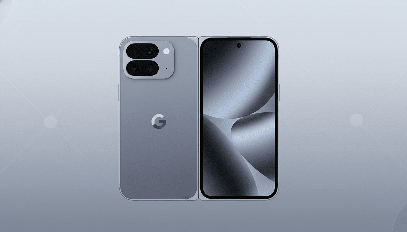 A gray foldable smartphone with a Google logo on the back, presented against a professional flat design background with soft patterns.