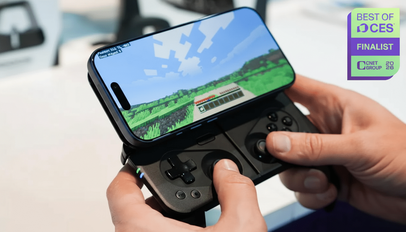 A persons hands holding a smartphone attached to a Backbone One mobile gaming controller, displaying Minecraft on the screen.