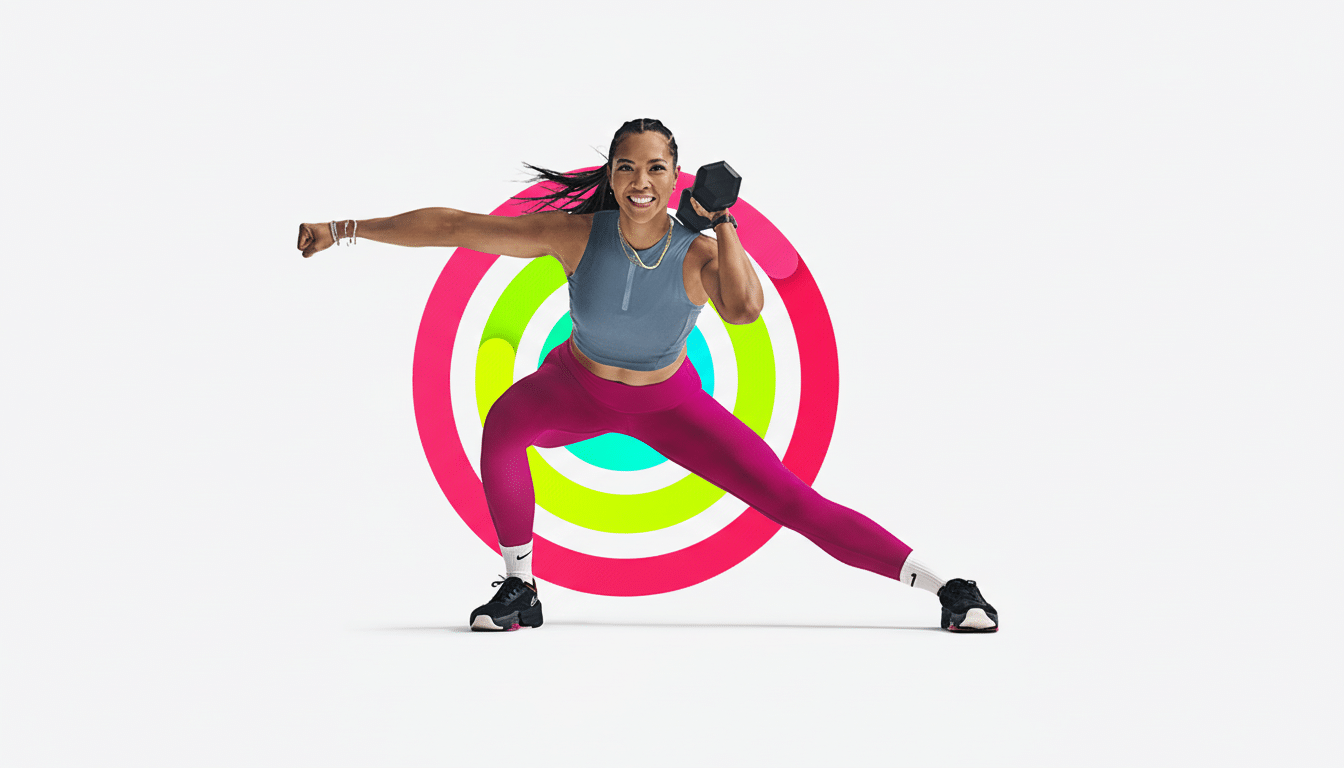 A smiling woman in athletic wear performs a lunge with a dumbbell, set against a white background with a colorful ring graphic.
