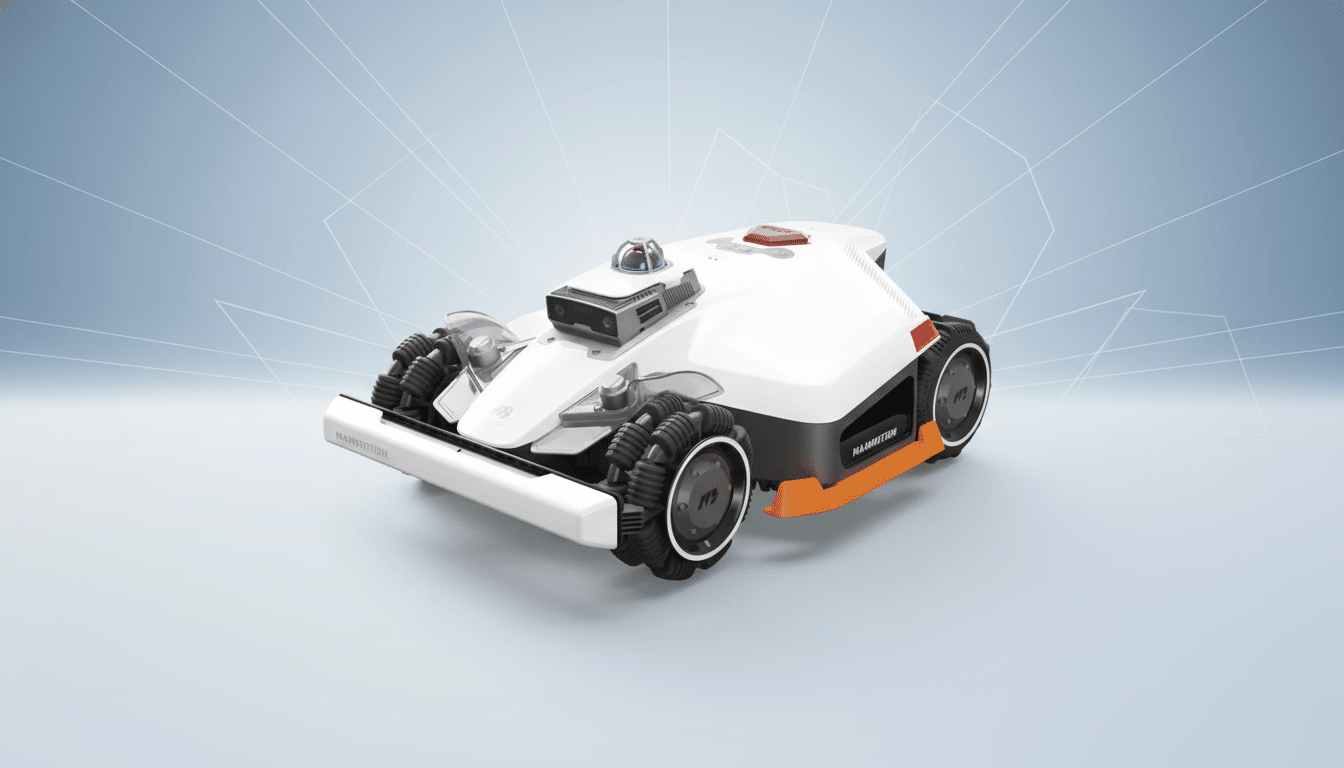 A white and orange robotic lawnmower with large, textured wheels, presented on a professional light blue and white gradient background with subtle geometric patterns.