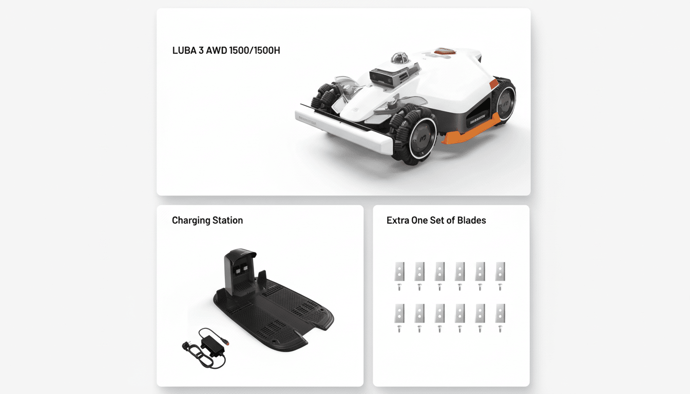 A 16:9 aspect ratio image showcasing a white and orange robotic lawnmower, its charging station, and a set of replacement blades, all presented on a clean, professional background.